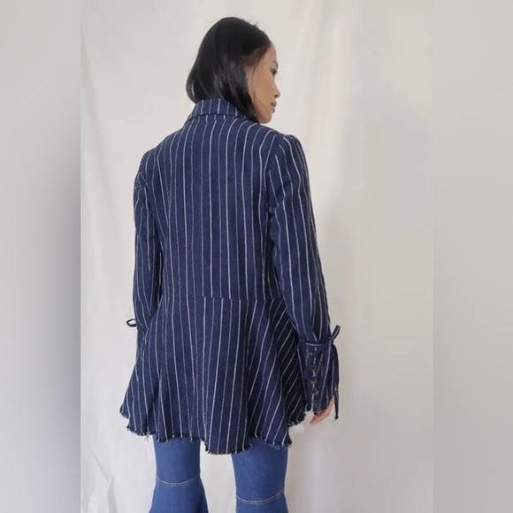 Free People Coat Jacket Stella Blazer Double Breast Fray Hem Stripe Navy S NEW - Picture 2 of 7